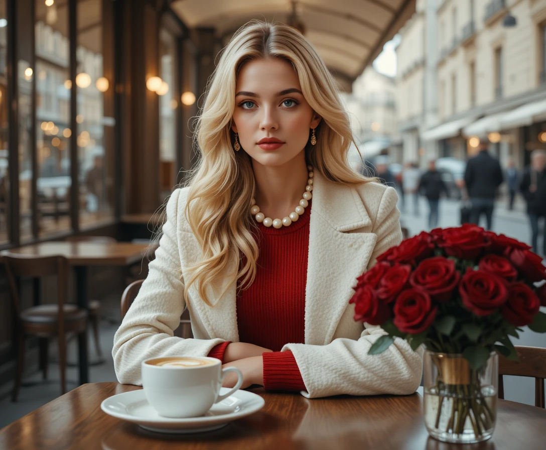 Elegante blonde Frau an einem Pariser Straßencafé-Tisch