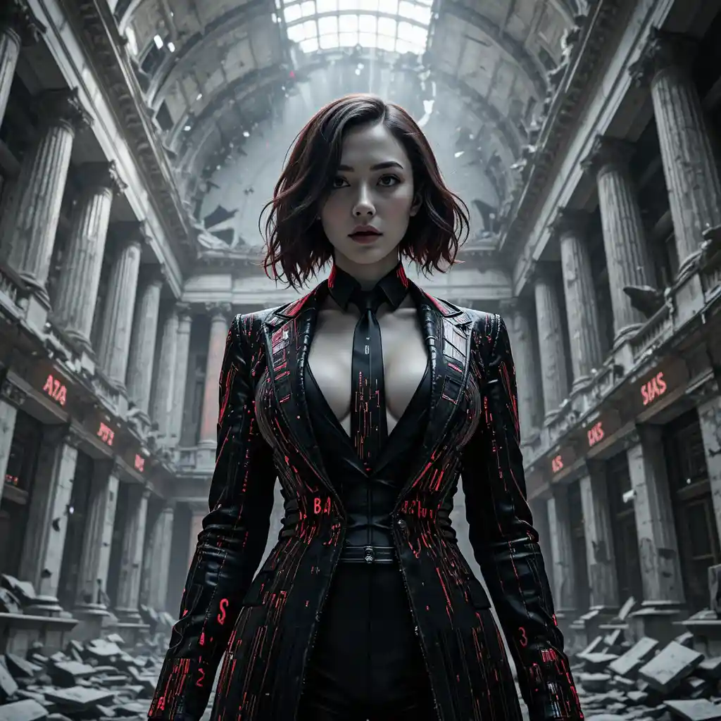 Woman in glitch suit in ruined stock exchange hall