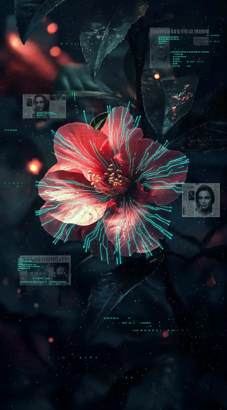 Crimson flower glowing in a dark cyberpunk collage