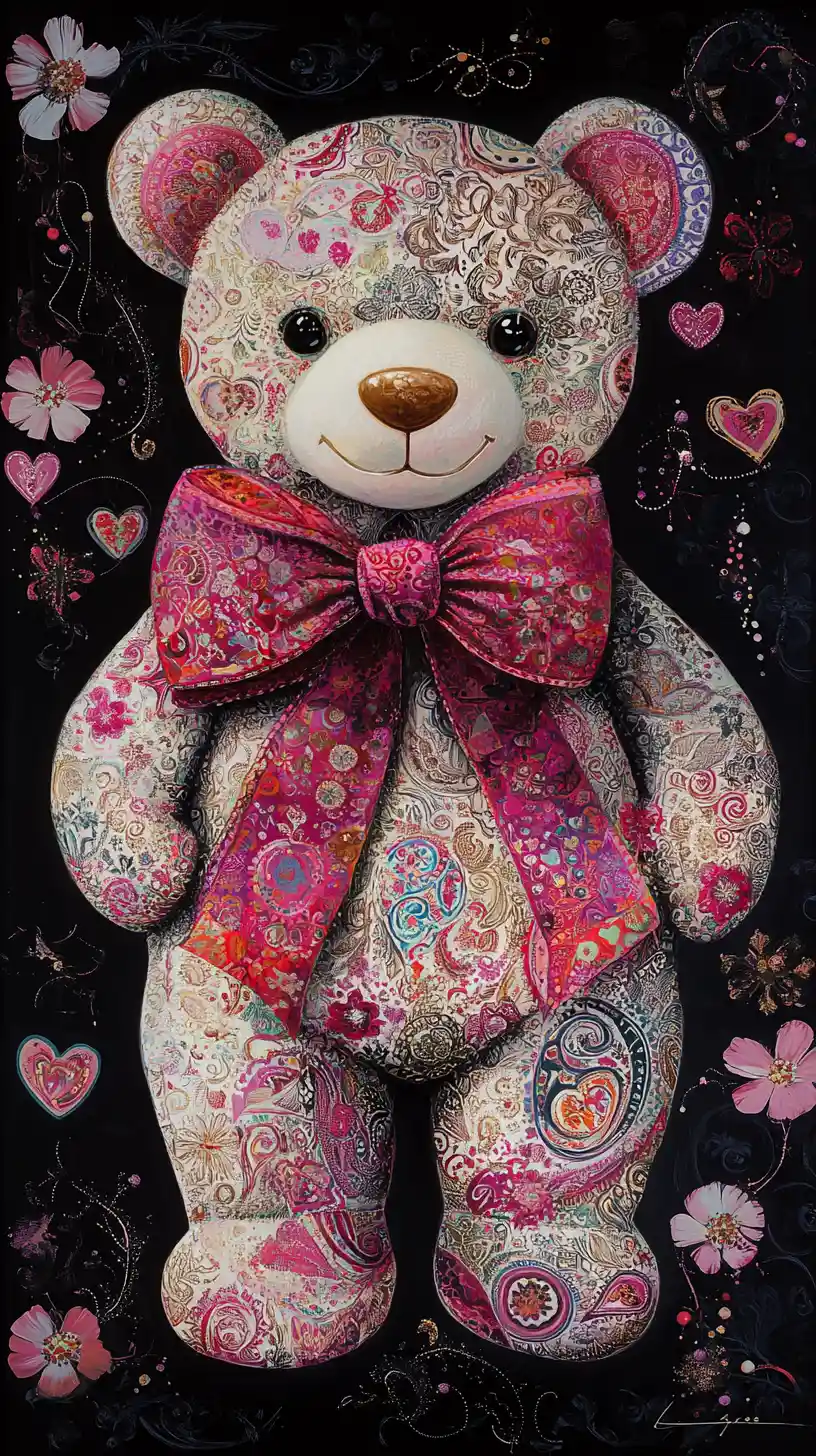 Dreamlike valentine teddy bear with ornate pink bow