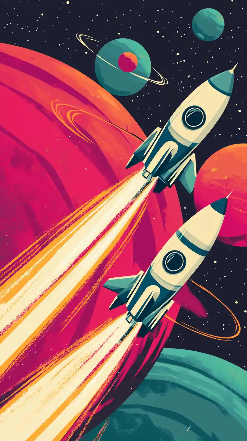 Retro-Raketen, die durch eine farbenfrohe Weltraumszene rasen