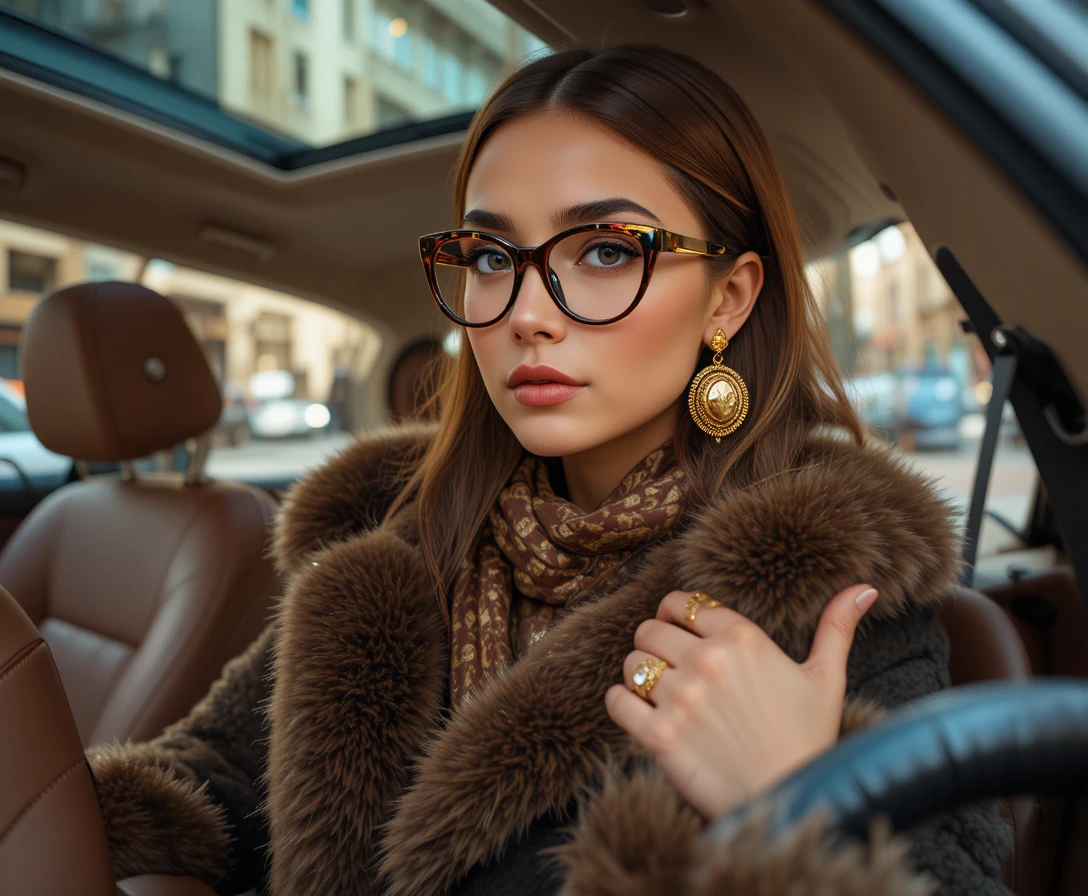 Elegant woman in fur coat driving a luxury car