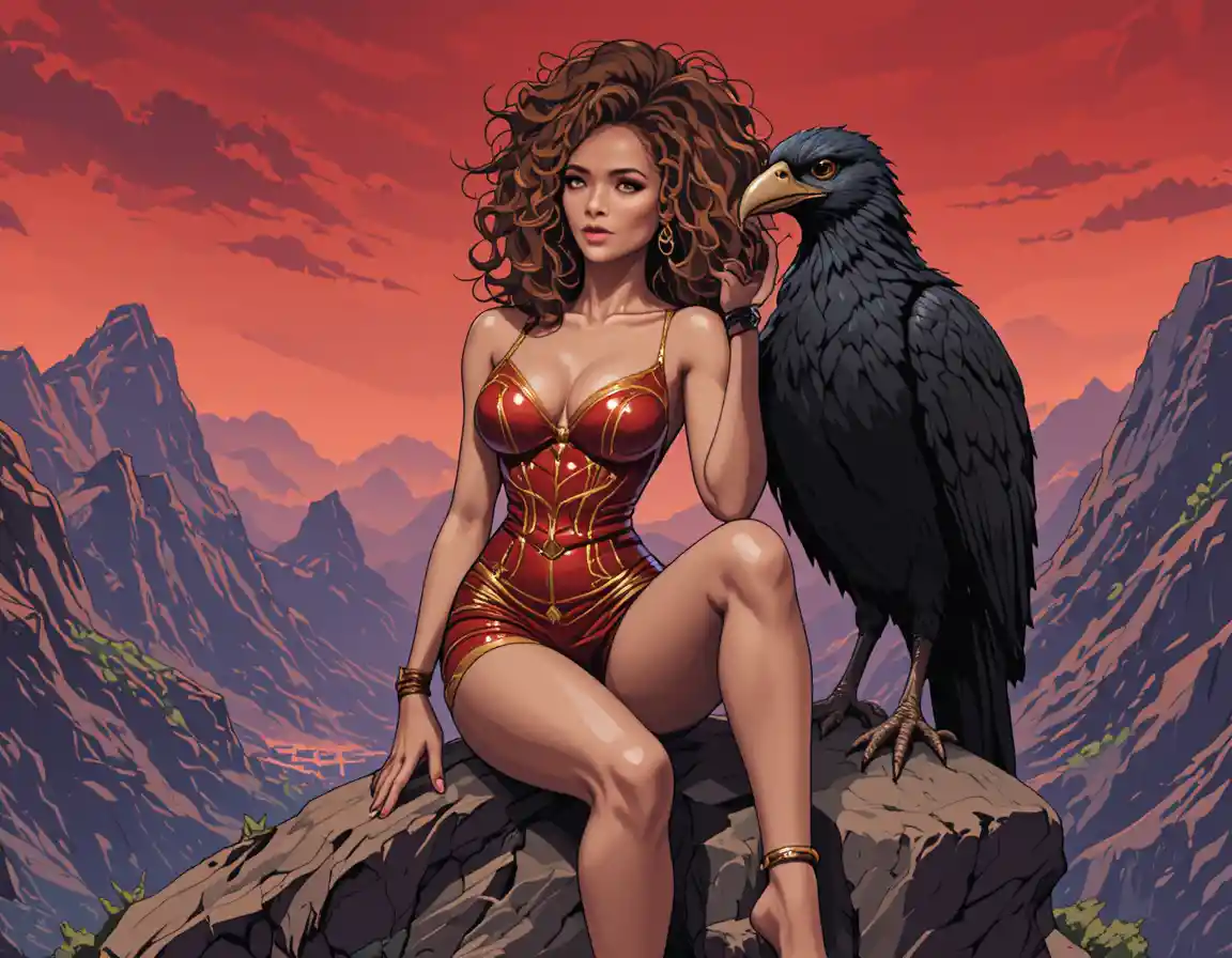 Seductive woman with fierce black bird in red sky