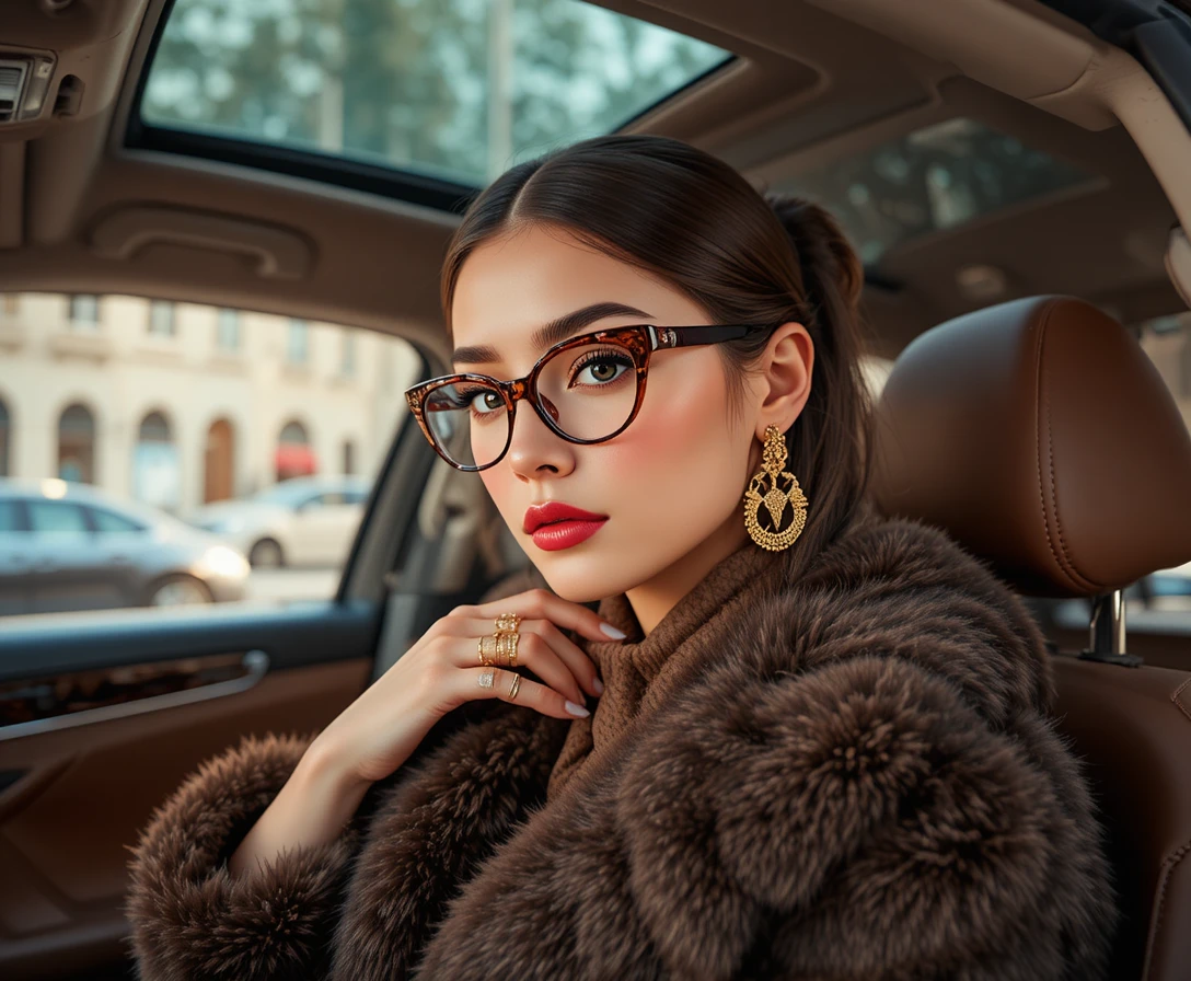 Elegant woman in fur coat driving a luxury car