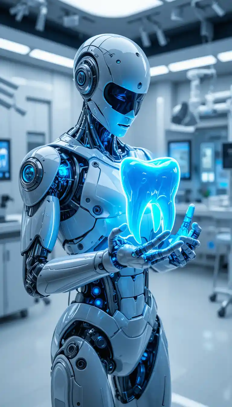 Robot médico futurista con plano holográfico de un diente humano