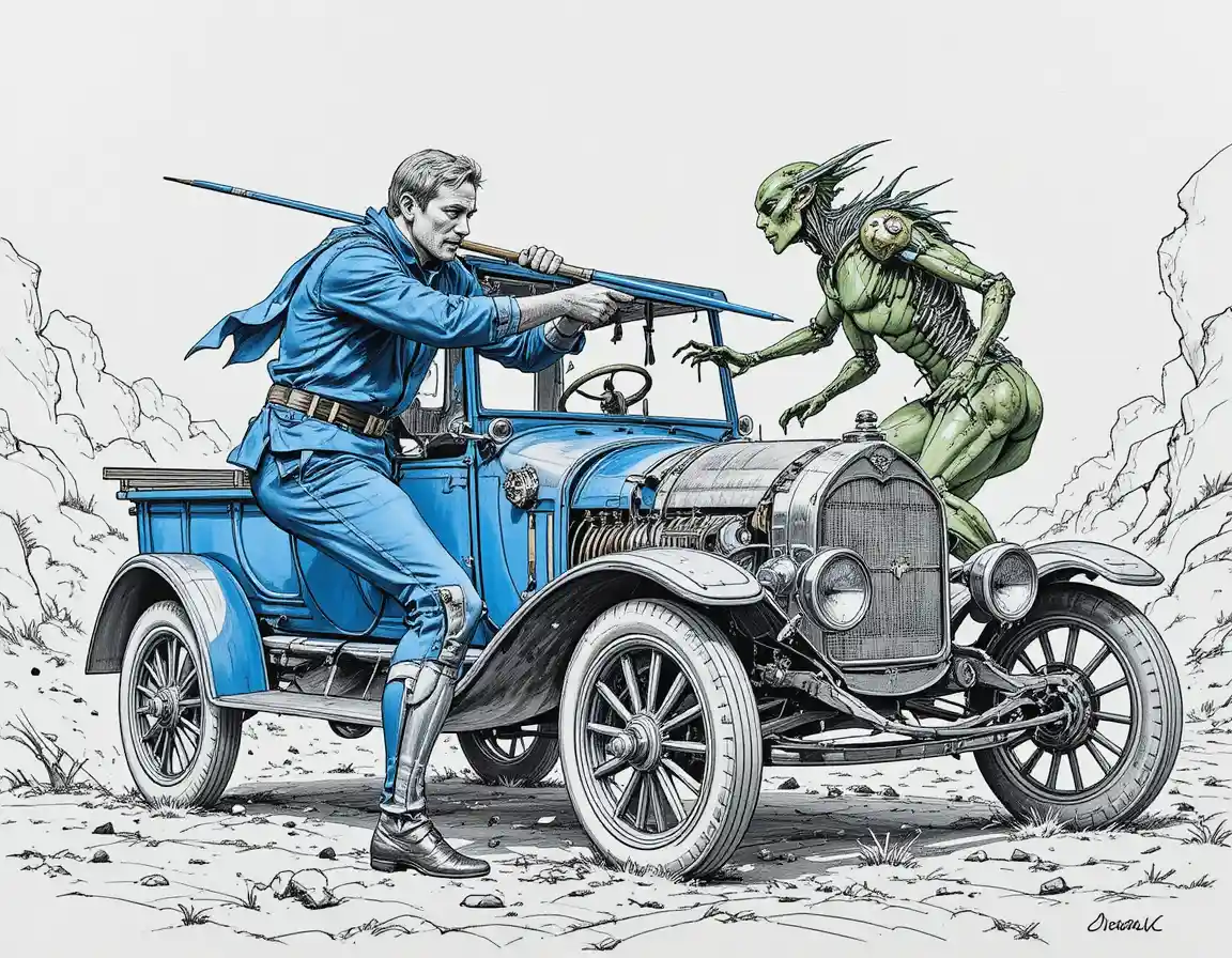 Ford Model T blu d’epoca in studio in vista di profilo