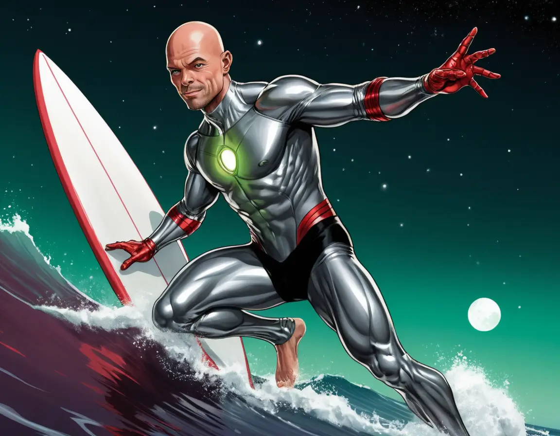 Muscular silver suited hero surfing through deep outer space