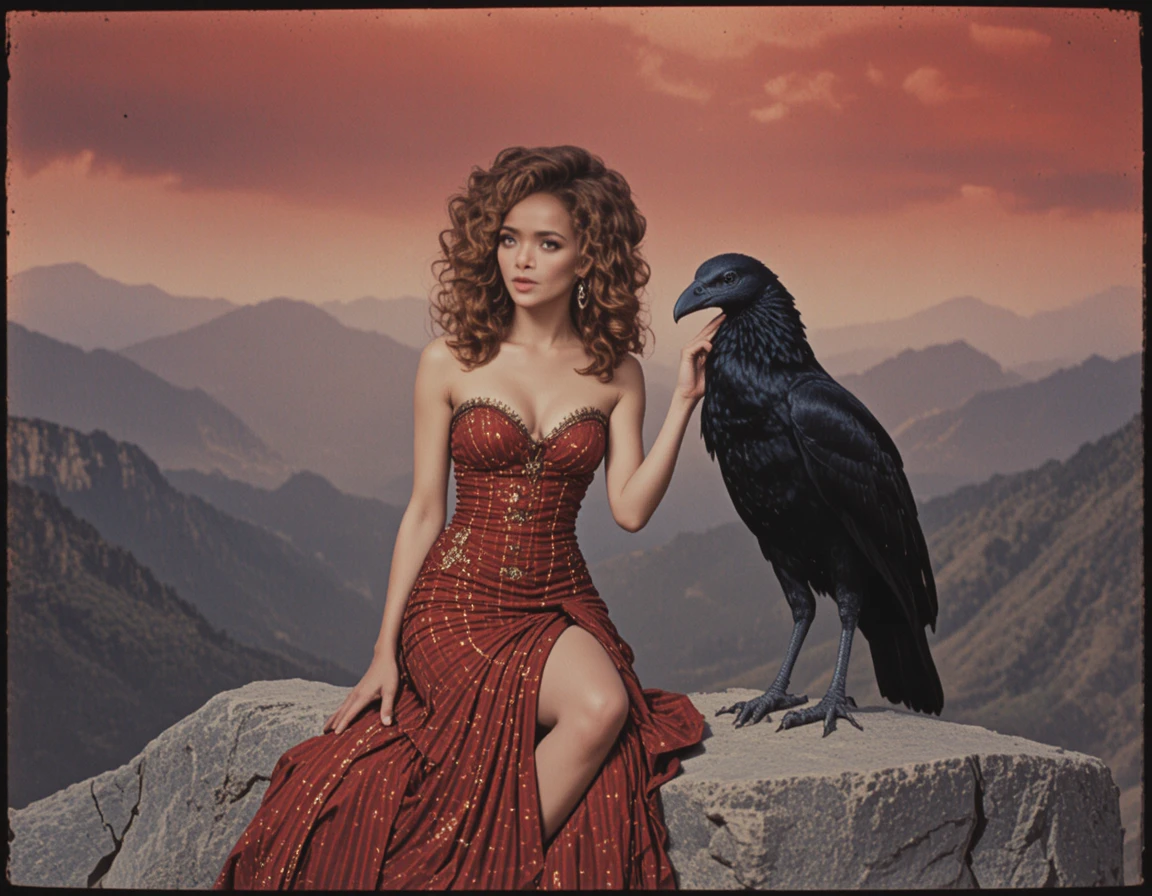 Seductive woman with dark bird under wild red sky