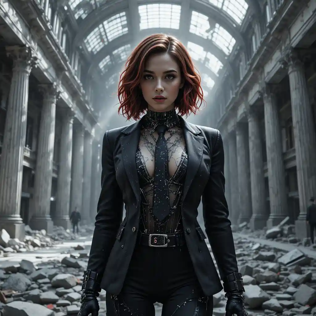 Cinematic woman in ruined stock exchange under harsh daylight