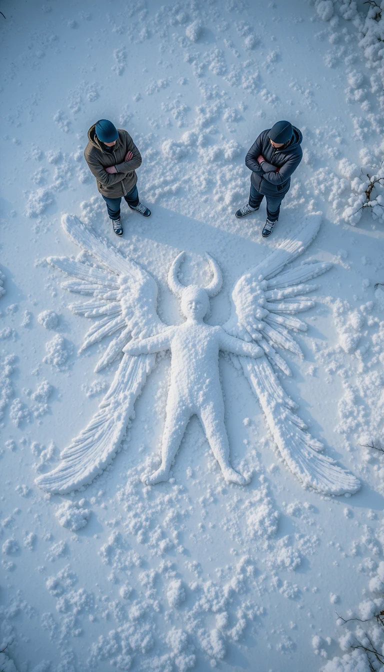 Playful family snow angels seen from a bird s eye view