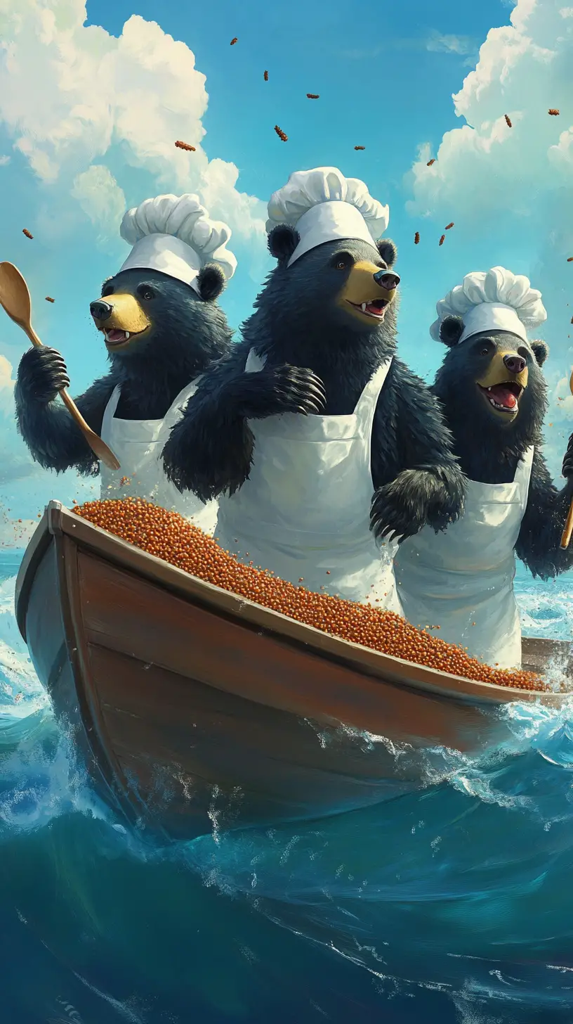 Cartoon bear chefs sailing a nut boat on spice sea