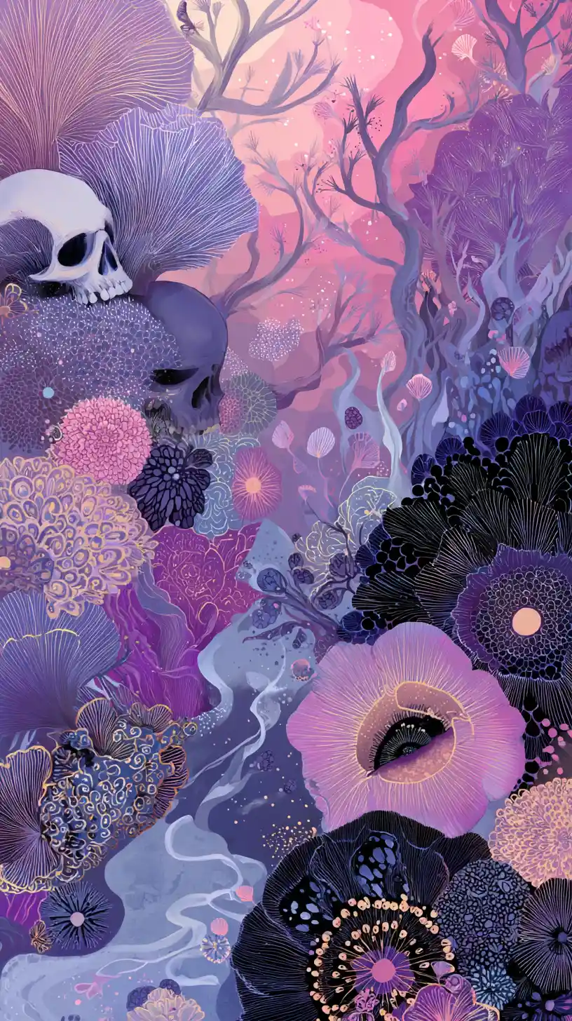 Escena abstracta surrealista con motivos de calaveras juguetonas y luz