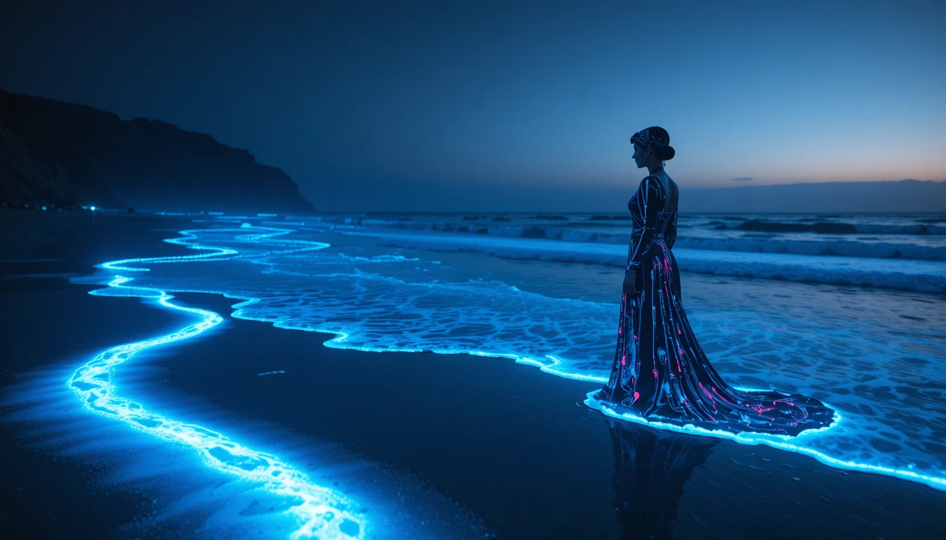 Bioluminescent Waves Rolling Gently Along A Quiet Night Beach