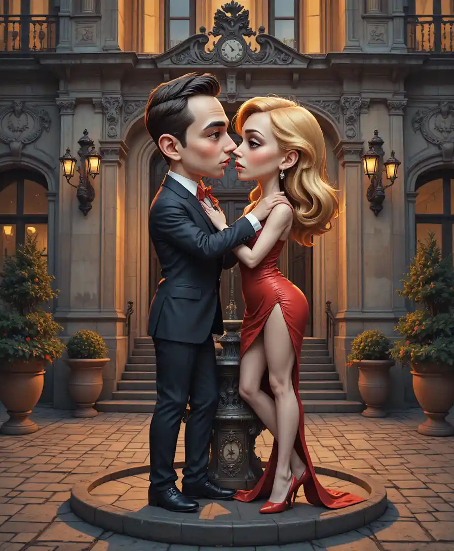 Masked lovers embracing in a dramatic fantasy painting