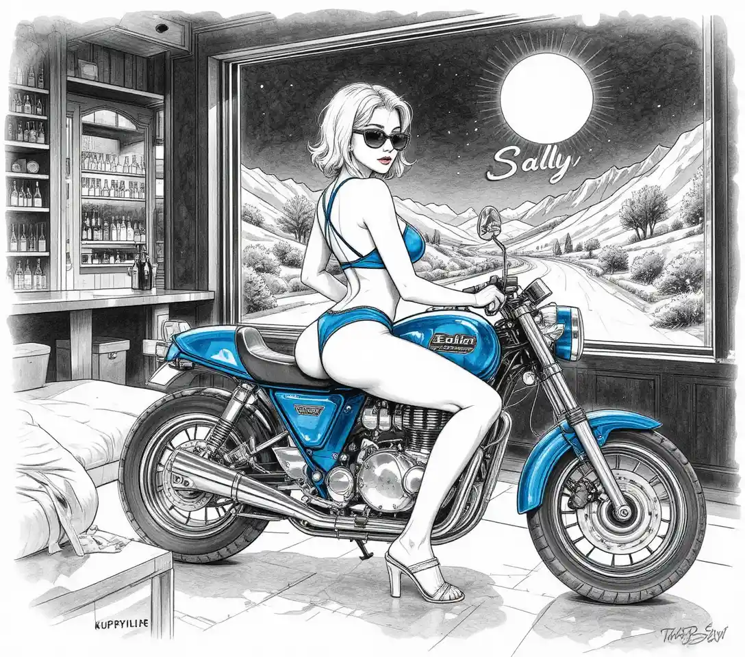 Red haired woman on dark blue motorcycle in neon bar