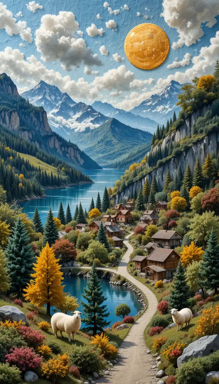 Colorato villaggio svizzero ricamato in lana con laghi e alberi