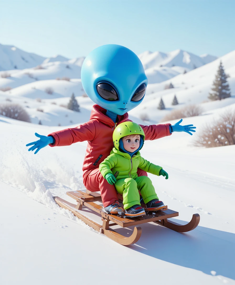 Blauer Außerirdischer rodelt mit Junge in minimalistischer Winterlandschaft