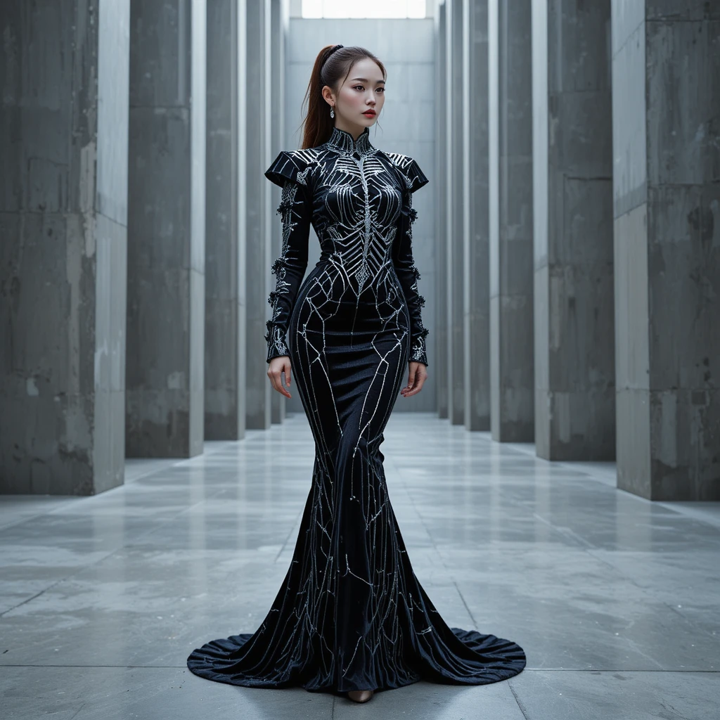 Modella coreana in abito couture argento a ragnatela in sala brutalista