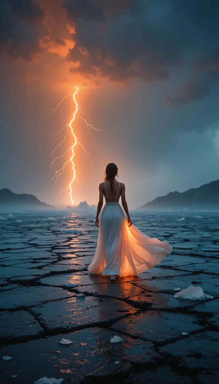 Fashion woman on cracked ice under glowing orange lightning