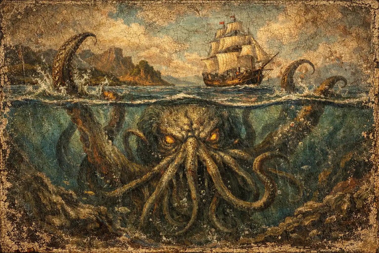 Antikes Ölgemälde eines Kraken, der zu einem Segelschiff aufsteigt