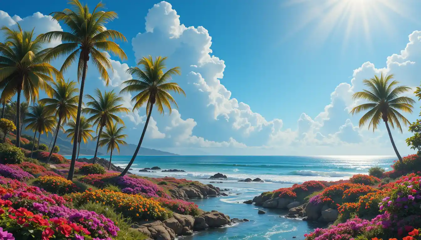Costa tropicale soleggiata con palme e ruscello tortuoso