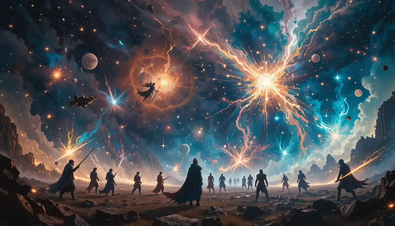 Celestial warriors battling across a vibrant cosmic nebula sky