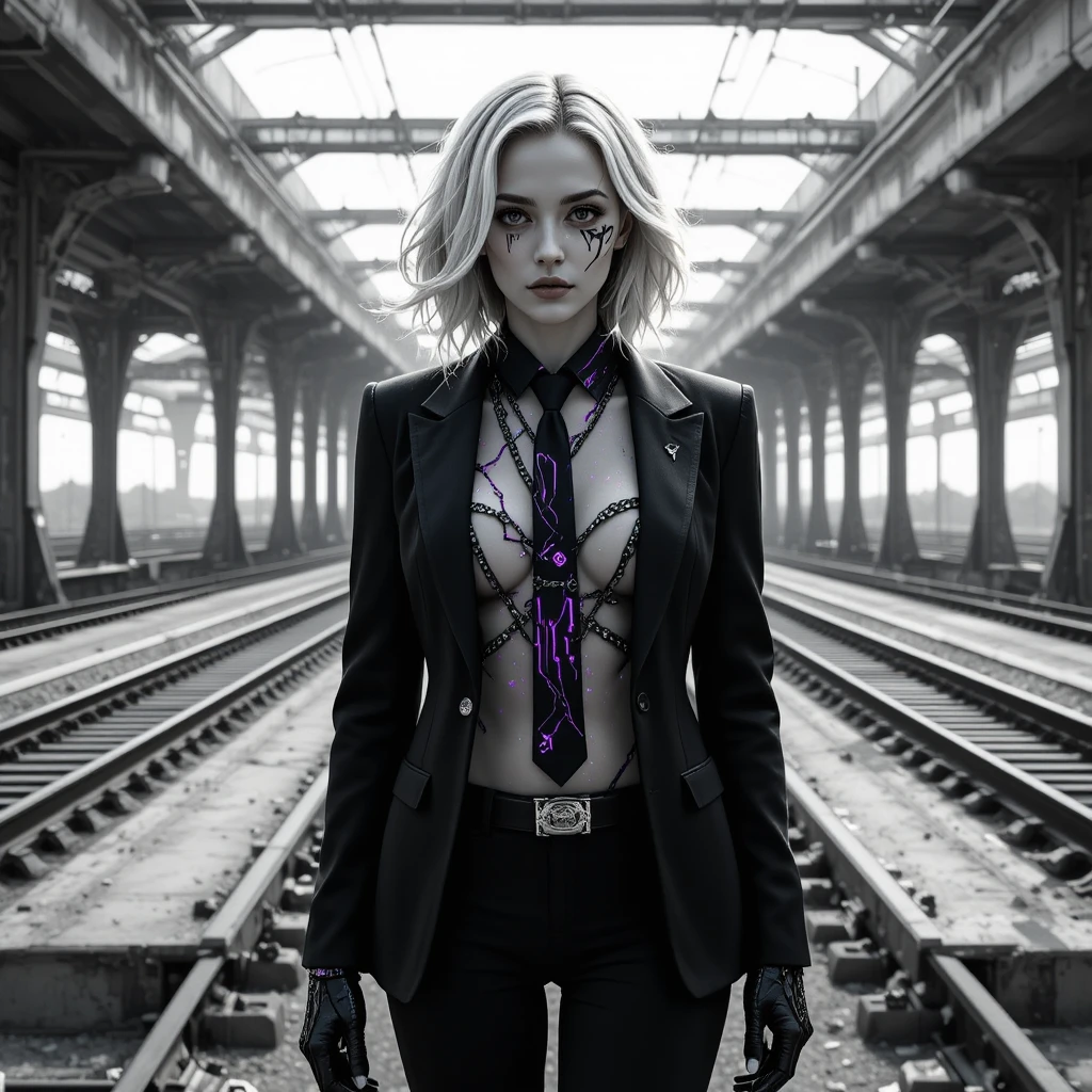 Glitch scarred woman in suit at endless maglev yard