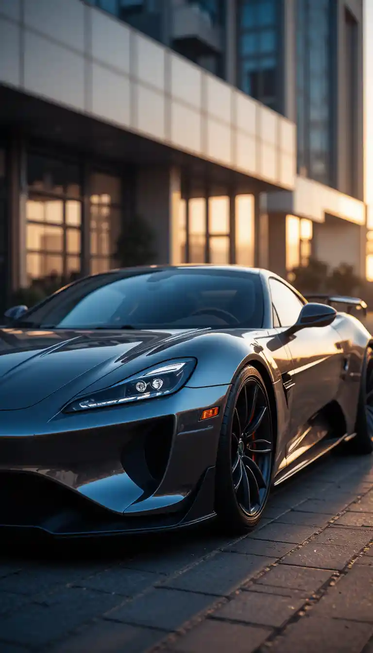 Luxury sports car in modern city at golden hour