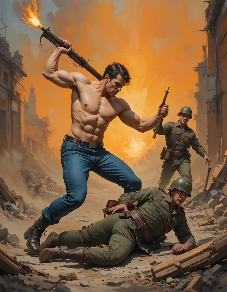 Muscular man attacking soldier in fiery war ruins