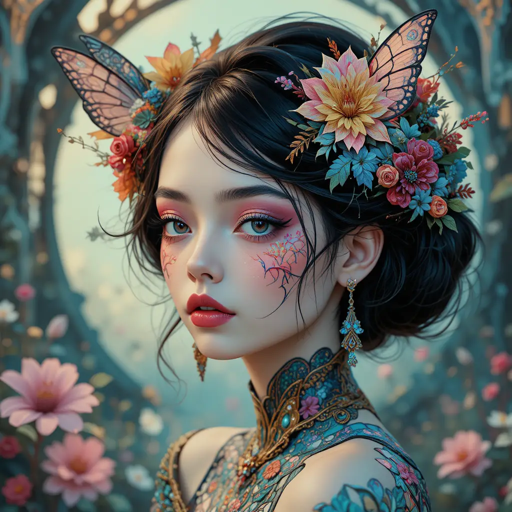 Whimsical woman portrait in dreamy fantasy illustration style