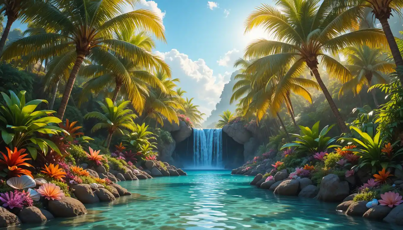 Tropische Wasserfall-Oase mit Palmen und klarem Himmel