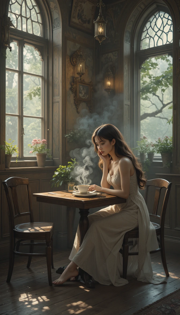 Jeune femme avec un café lors d’un matin calme au café