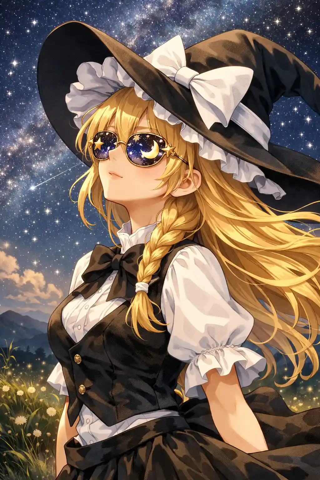Anime witch girl gazing at a magical night sky
