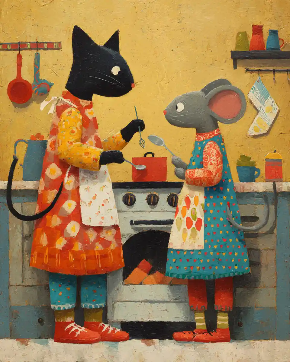 Cute folk art cat and mouse cooking together indoors