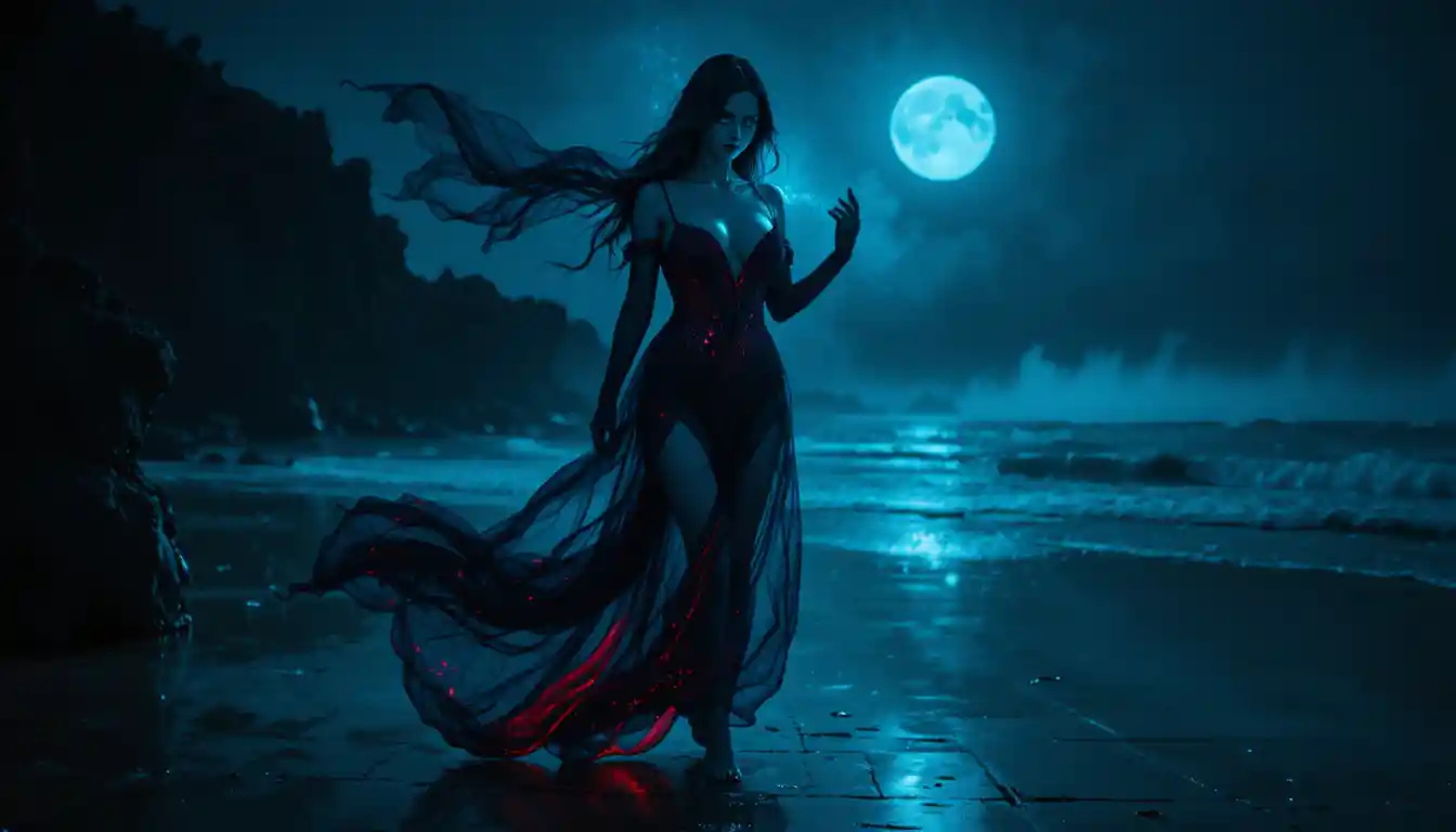 Bioluminescent night waves along a quiet fantasy beach