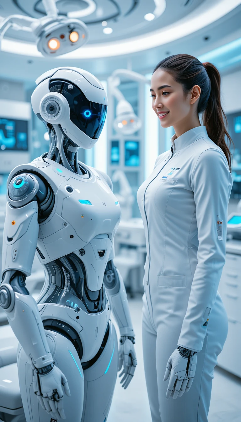 Dentista mujer futurista con robot humanoide en la clínica