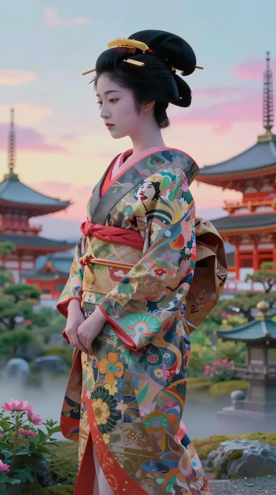 Perfil de geisha con doble exposición surreal en jardín vibrante