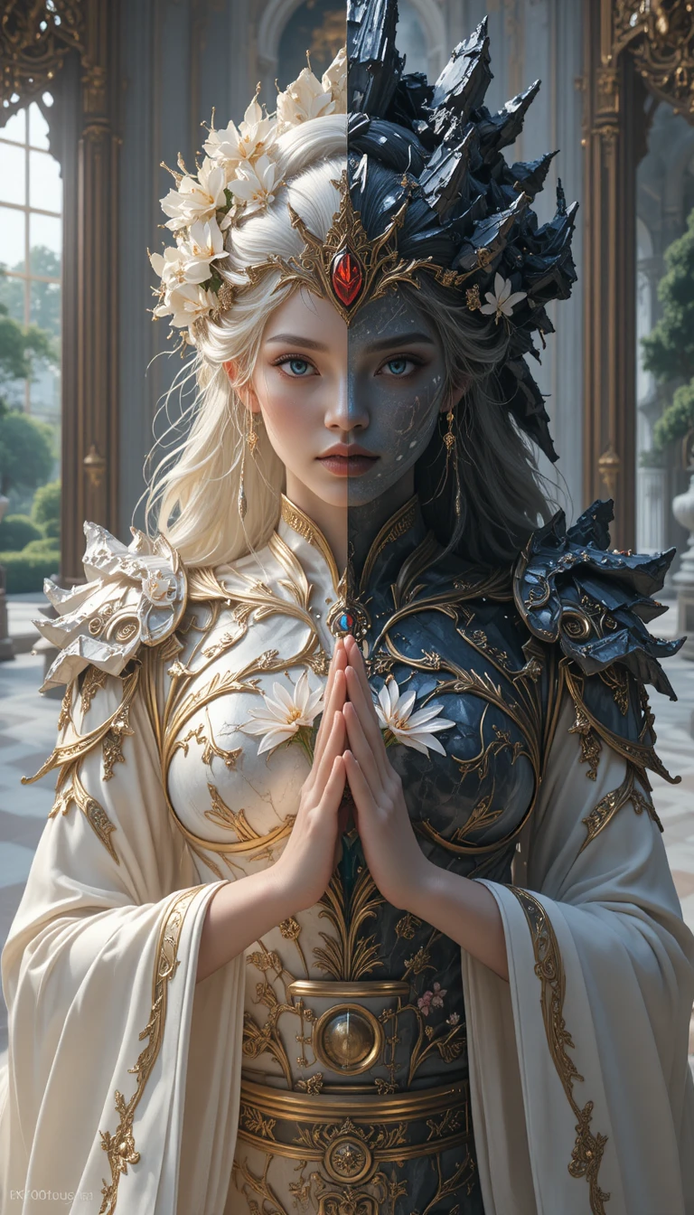 Symmetrical fantasy woman divided between light and shadow