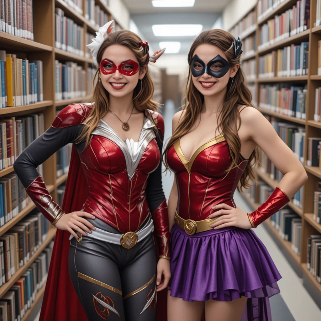Dos mujeres con disfraces de superhéroe posando juntas en una biblioteca