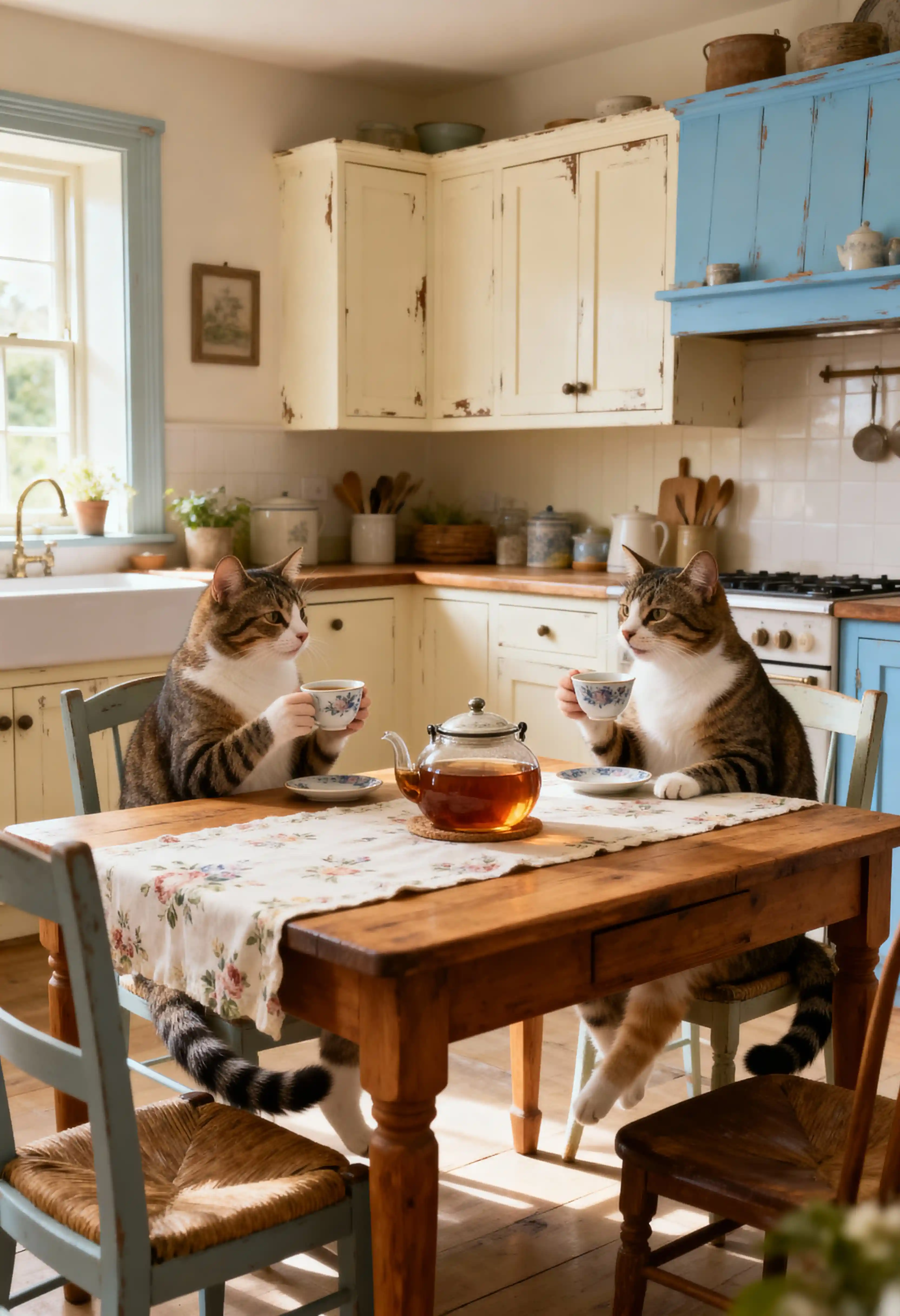 Two cats sharing tea at a cozy kitchen table