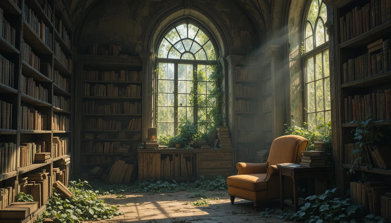 Antigua biblioteca iluminada por el sol con una única y gastada silla de lectura