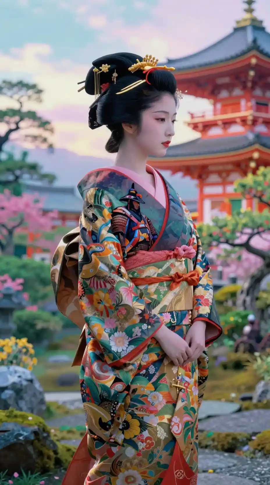 Profilo sereno di geisha con effetto di doppia esposizione a strati