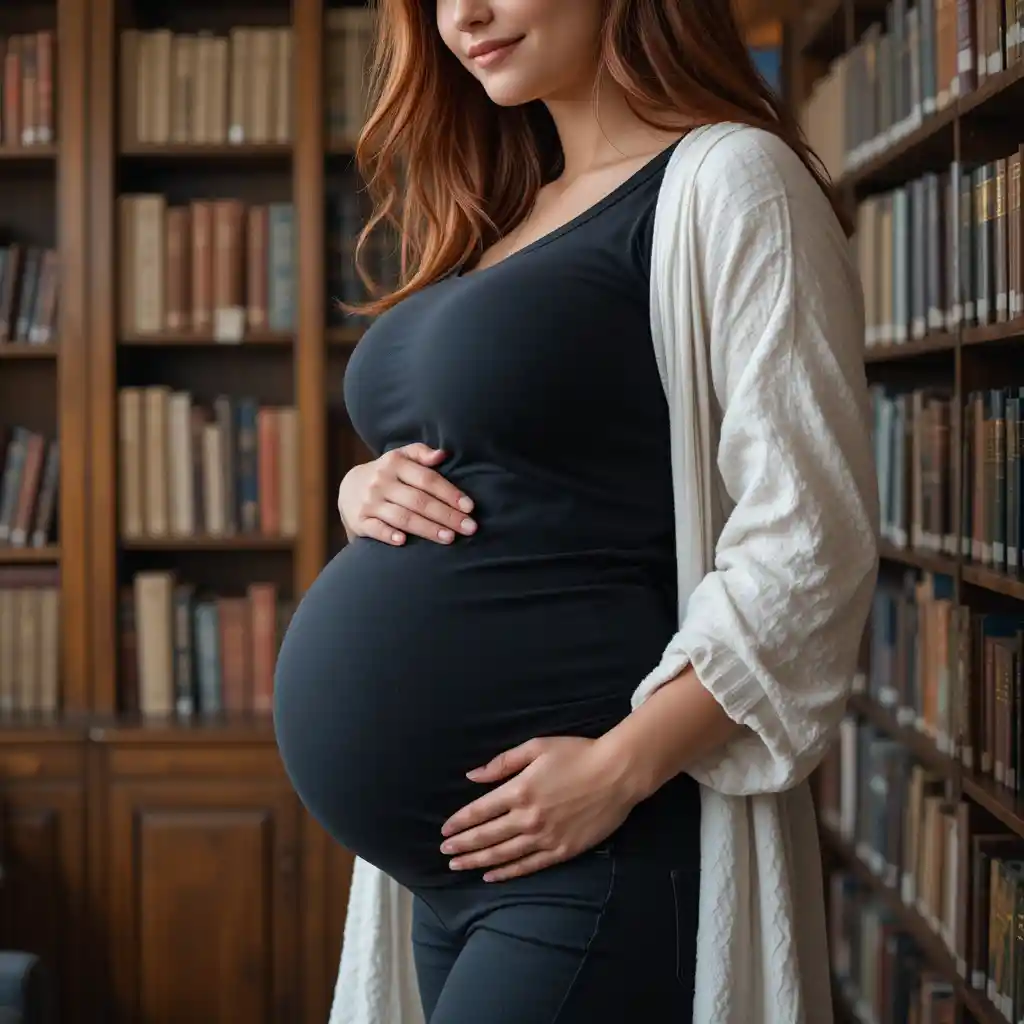 Pregnant woman in black t shirt smiling in cozy library