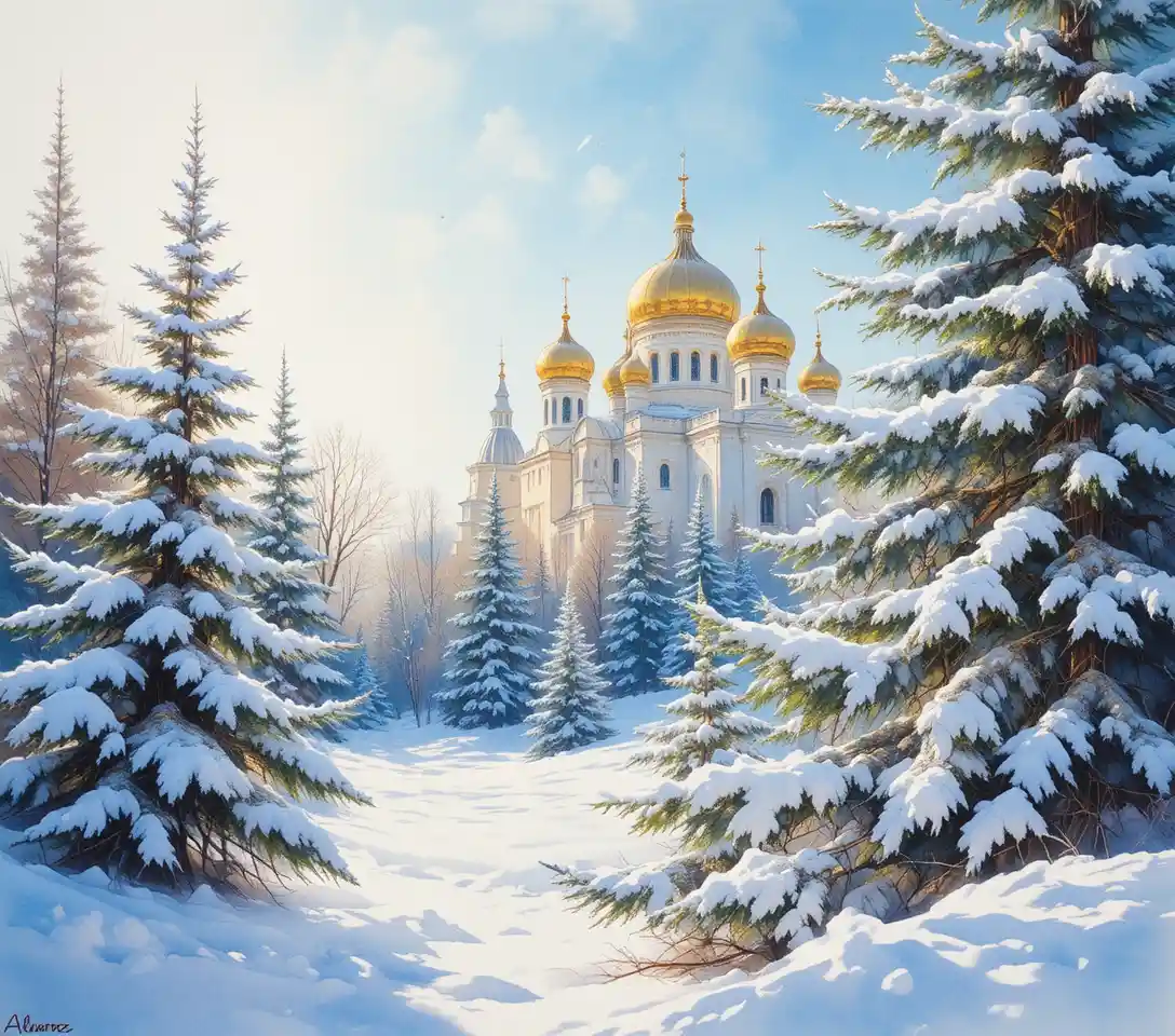 Sunlit Russian winter forest with snowy fir branches
