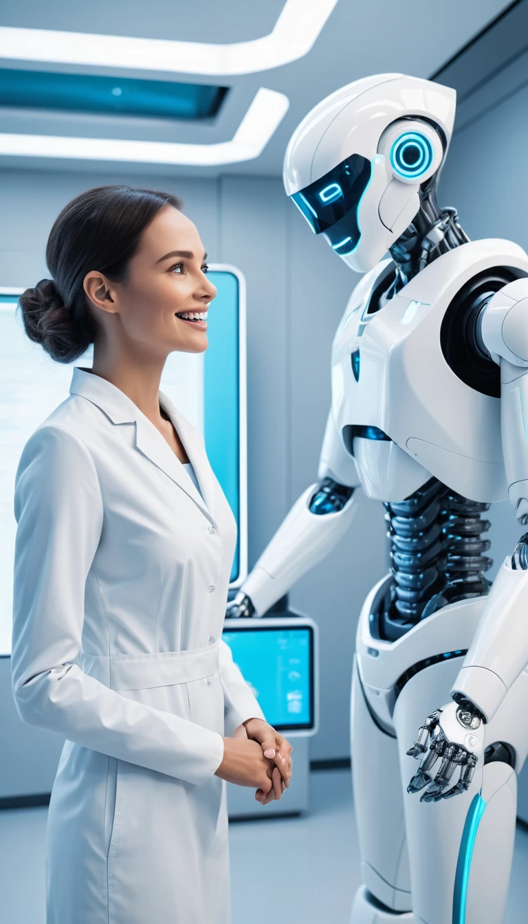 Futuristic dentist and robot assistant in high tech clinic