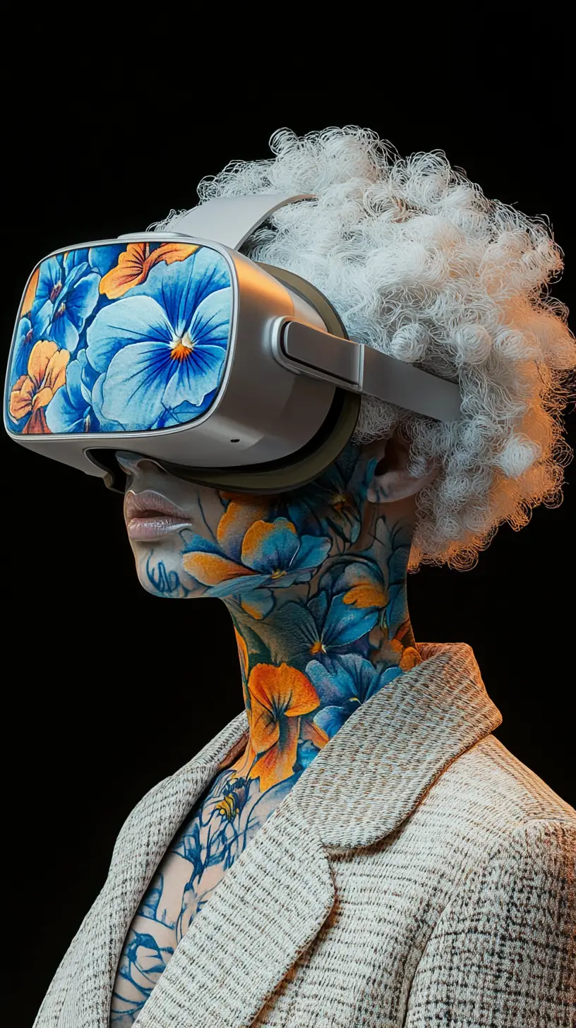 Woman in virtual reality headset with floral tattoos