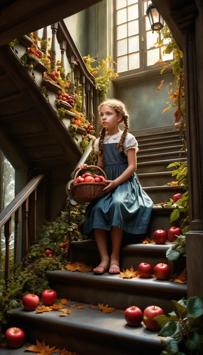 Escalera tallada surrealista que crece de un cuenco de frutas de otoño