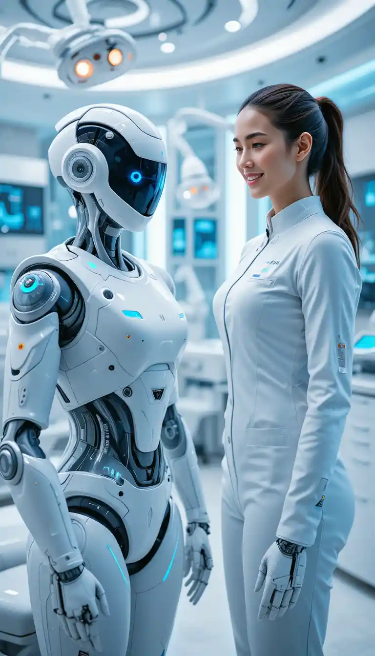 Dentista donna futuristica con robot umanoide in clinica