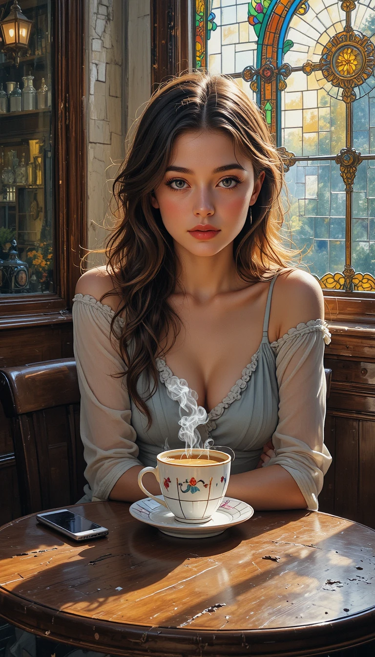 Young woman with coffee in a small cafe at morning light