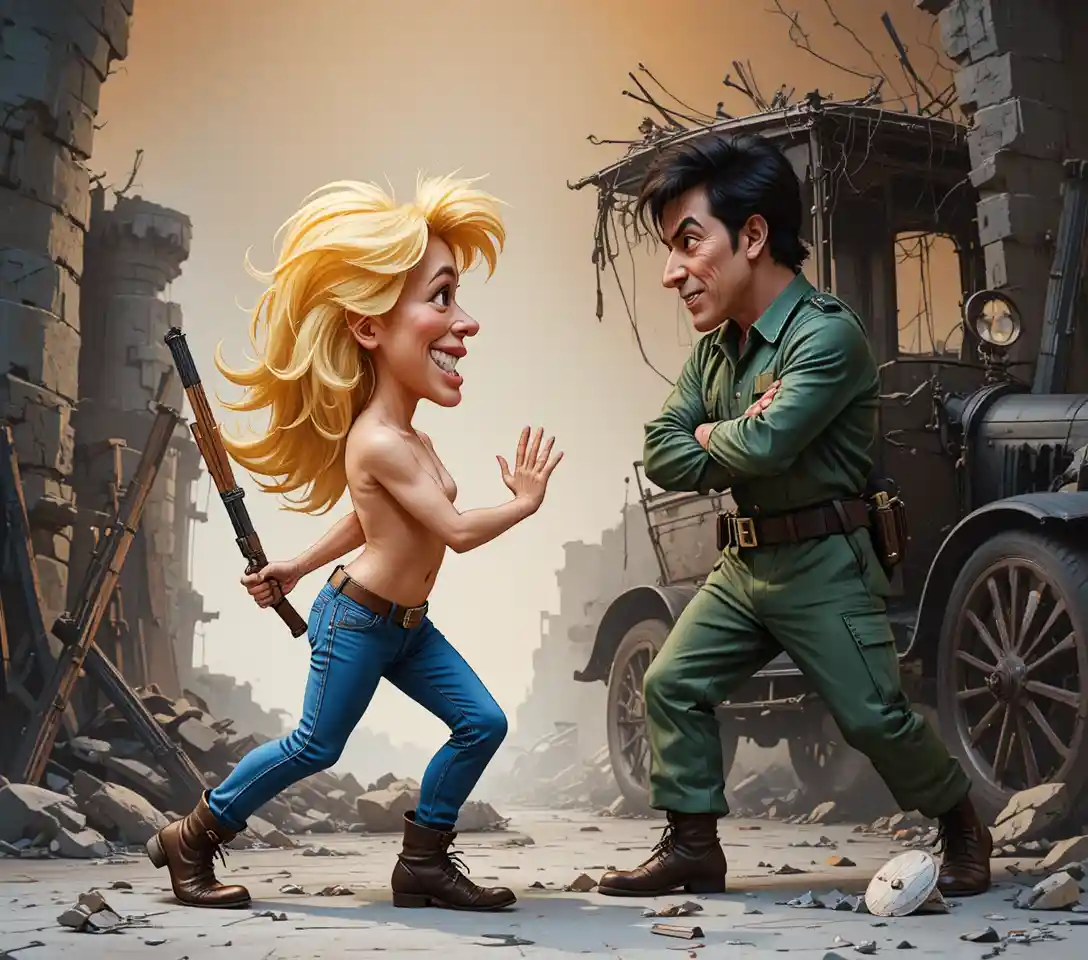 Bare chested man attacking soldier in fiery war zone